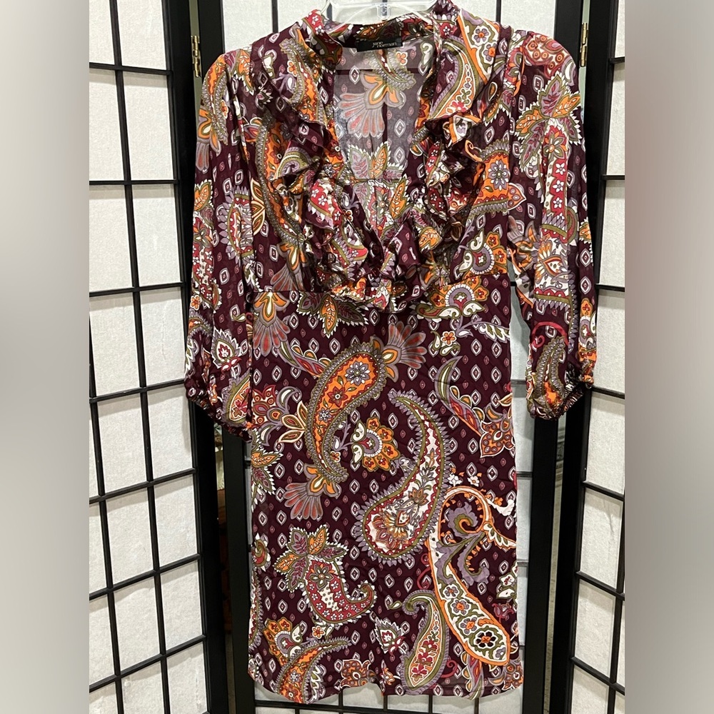 JANE NORMAN Paisley Print Belted Midi Dress in Burgundy and Orange JUNIOR SIZE 6